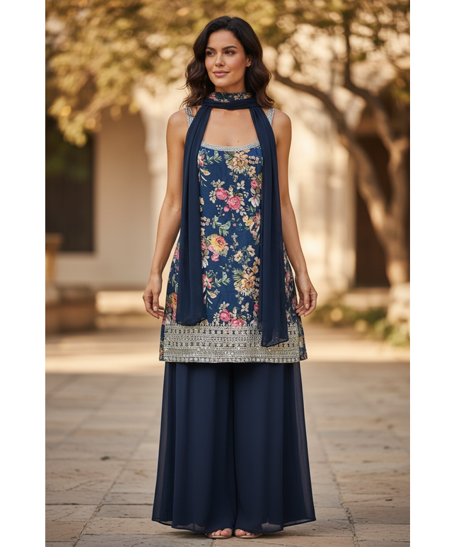 Sleeveless Kurti Plazzo set with necklace dupatta: sharara suit