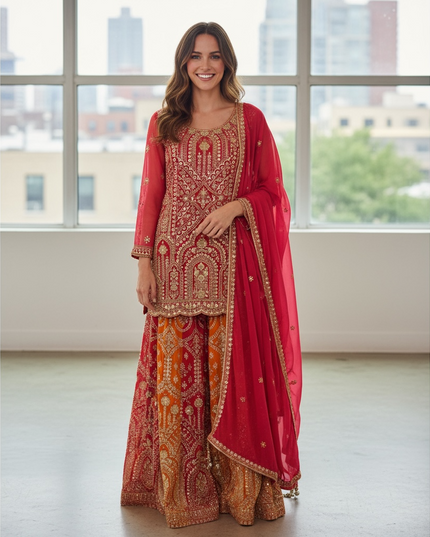 Dark pink sharara suit with heavy work - Kurti Connection USA
