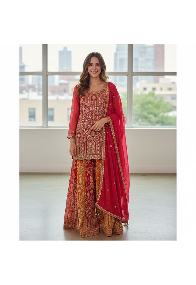 Dark pink sharara suit with heavy work - Kurti Connection USA