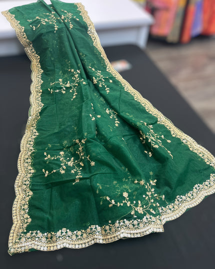 Heavy party wear dupatta : green with gold border - Kurti Connection USA