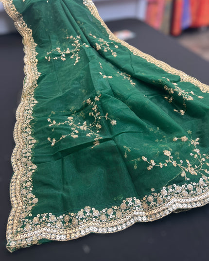 Heavy party wear dupatta : green with gold border - Kurti Connection USA
