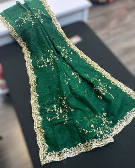 Heavy party wear dupatta : green with gold border - Kurti Connection USA