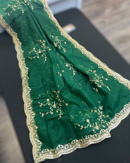 Heavy party wear dupatta : green with gold border - Kurti Connection USA