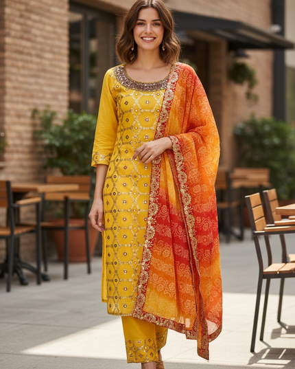 Chanderi silk kurti set with Bandhani dupatta