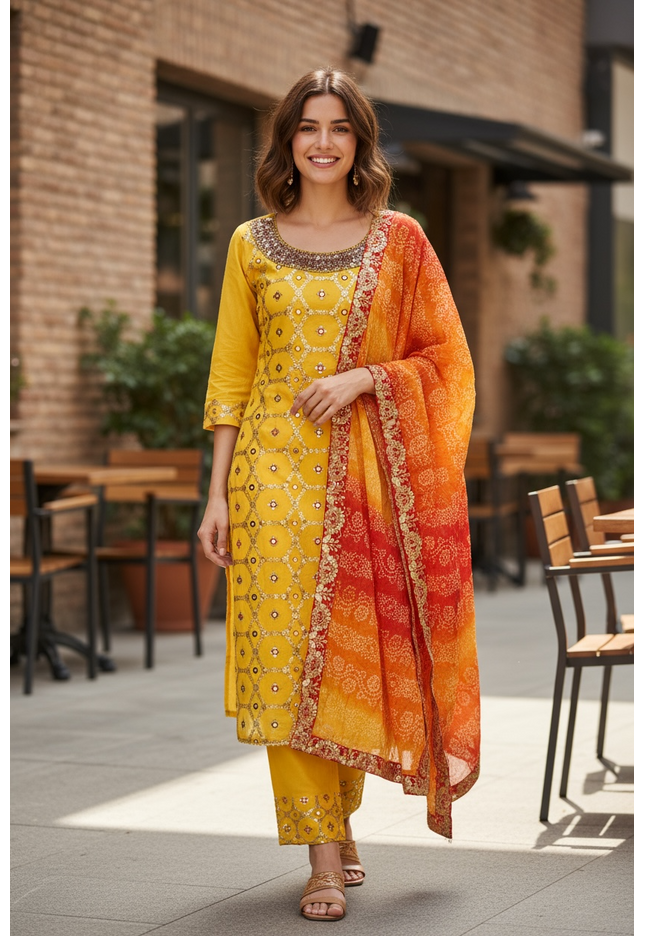 Chanderi silk kurti set with Bandhani dupatta