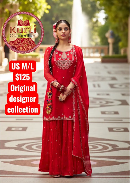 Manjari: red sharara set by Kurti Connection USA