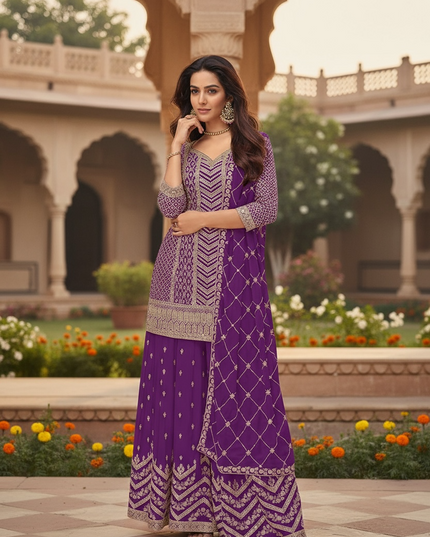Chinon silk sharara suit : Purple