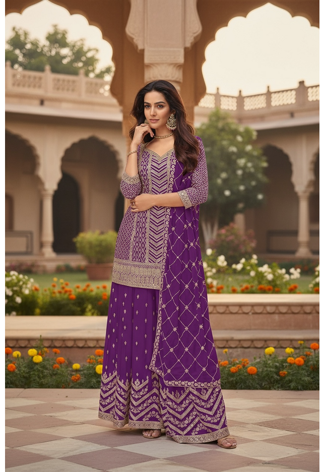 Chinon silk sharara suit : Purple