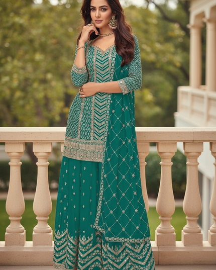 Chinon silk sharara suit : teal blue