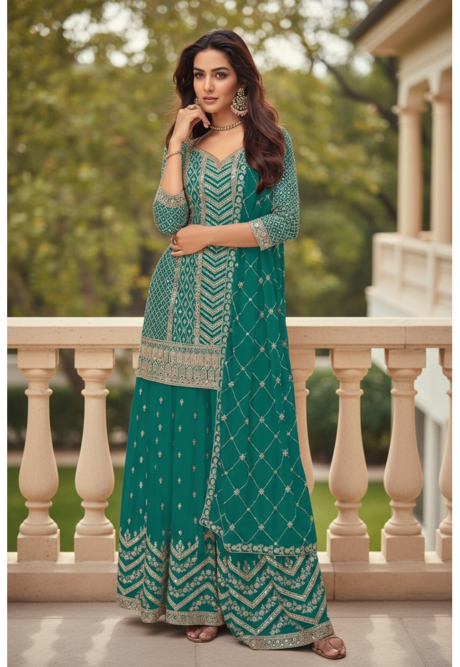 Chinon silk sharara suit : teal blue