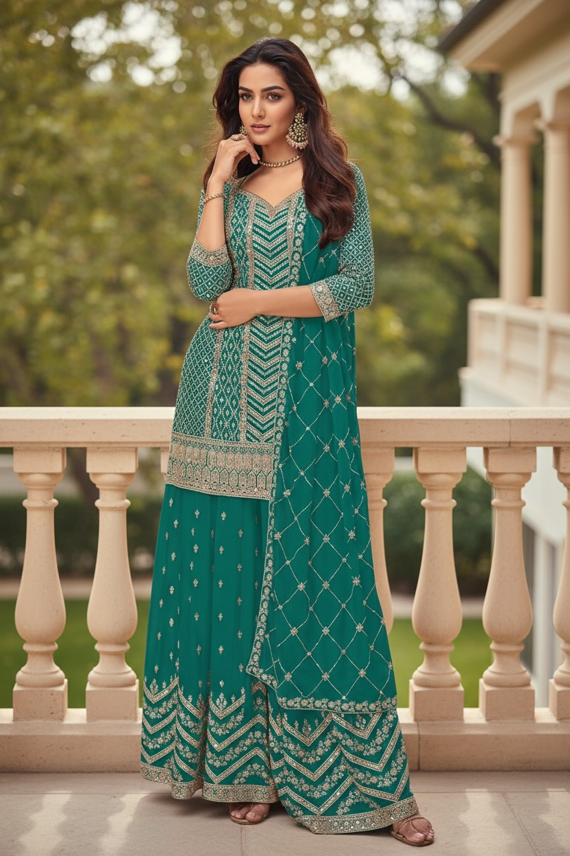Chinon silk sharara suit : teal blue by Kurti Connection USA