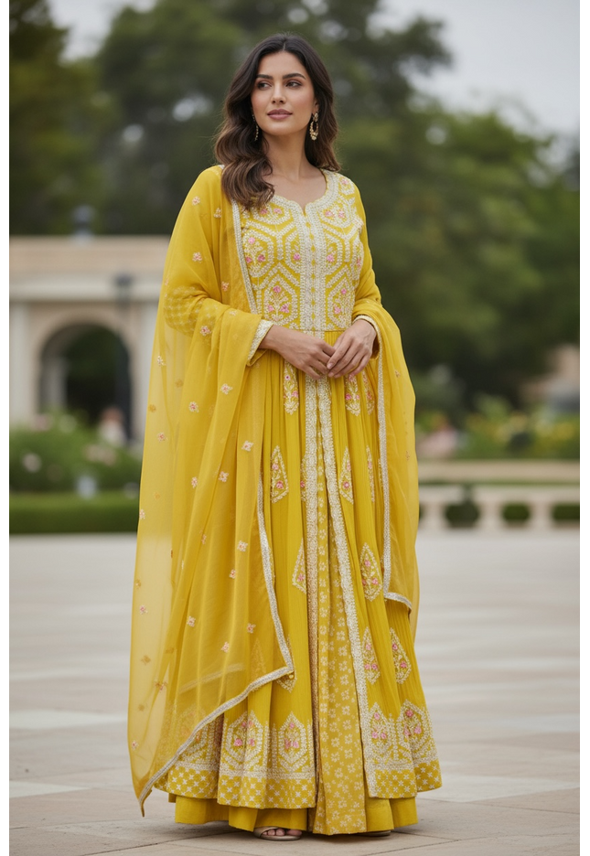 Front slit long party wear kurti with lehenga
