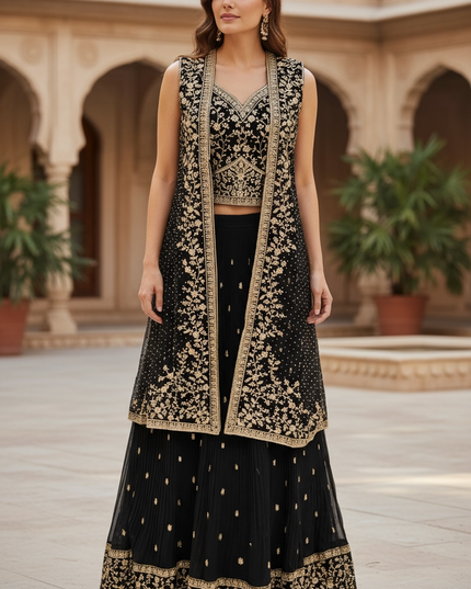 Lehenga Choli set with net jacket: black