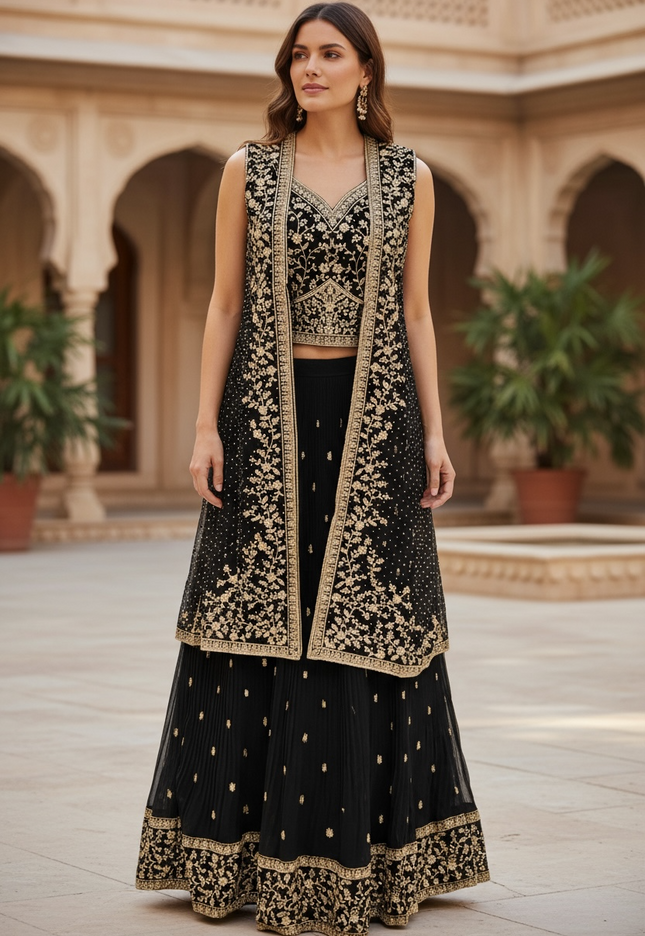 Lehenga Choli set with net jacket: black