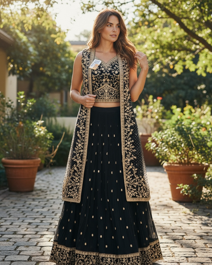 Lehenga Choli set with net jacket: black