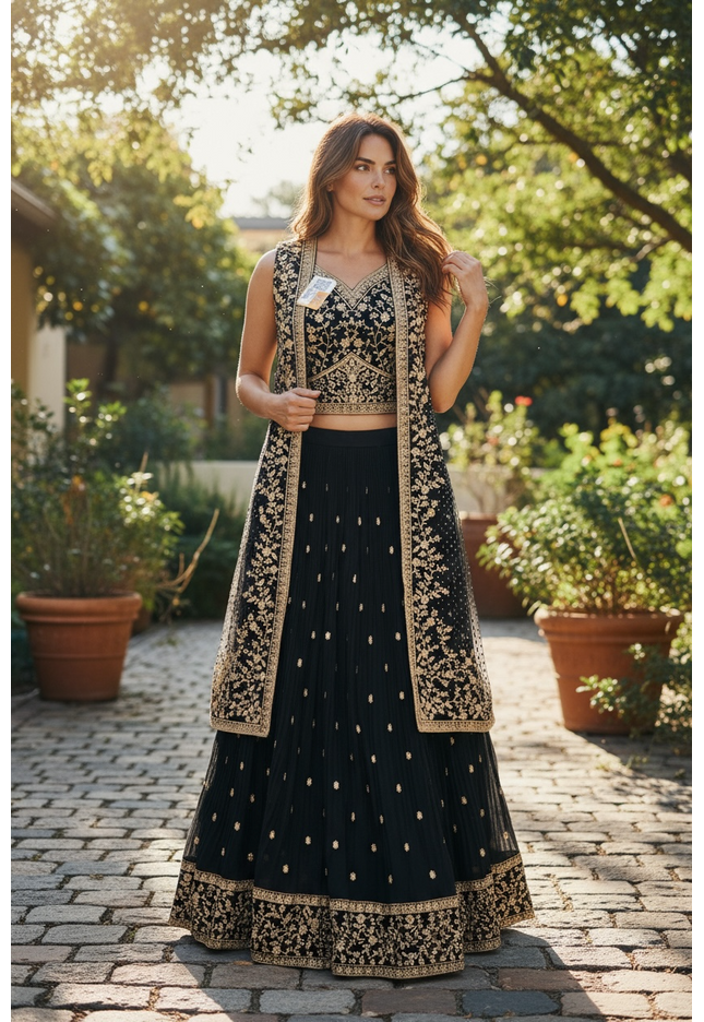 Lehenga Choli set with net jacket: black