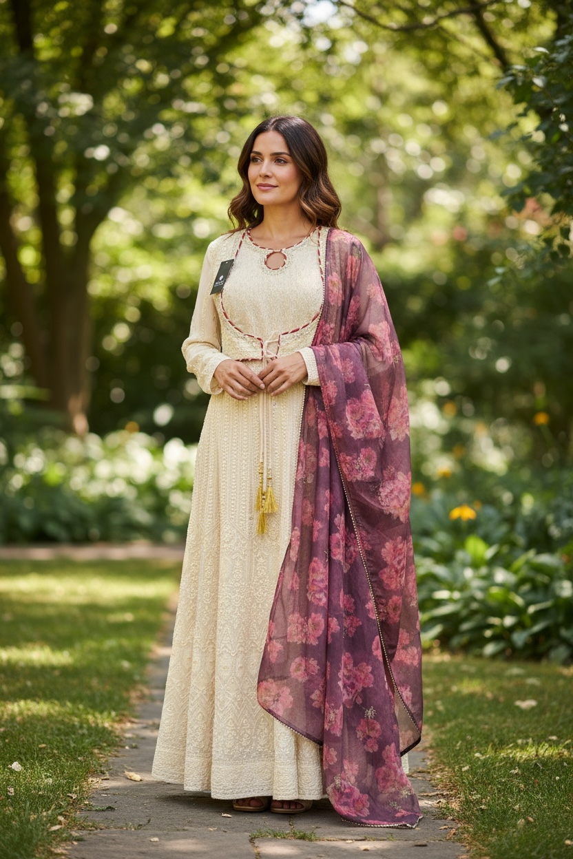 Chikankari long gown by Kurti Connection USA