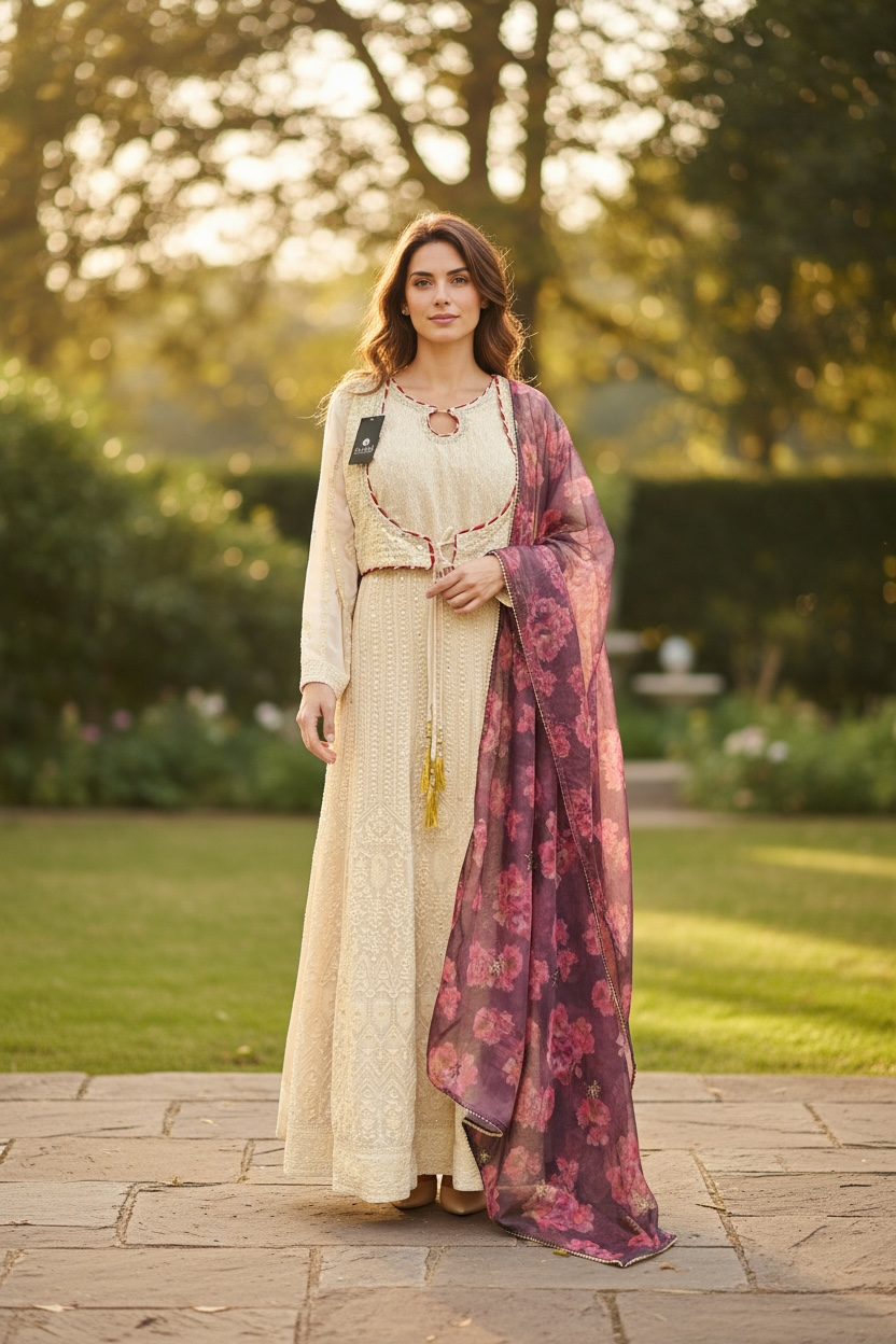 Chikankari long gown by Kurti Connection USA