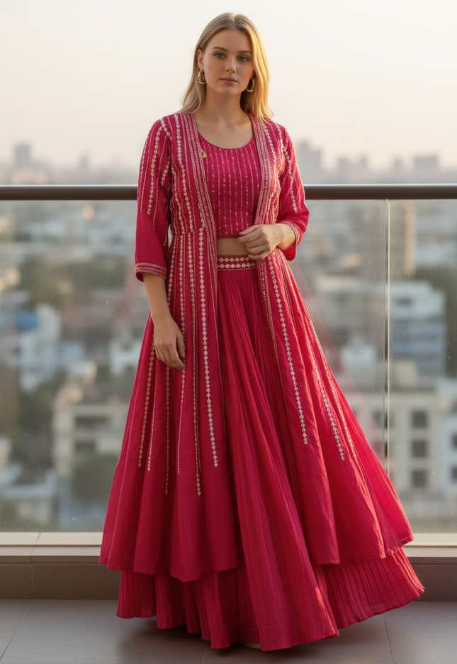 Dark pink Lehenga Choli set with long jacket