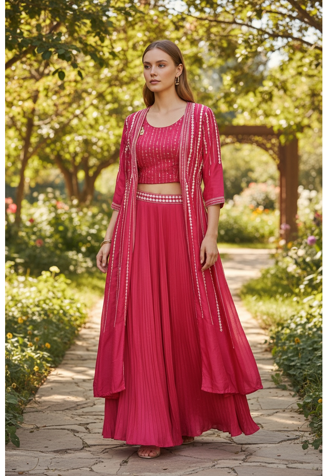 Dark pink Lehenga Choli set with long jacket
