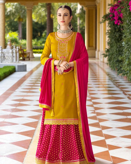 Yellow : Modal silk Kurti with banarasi skirt