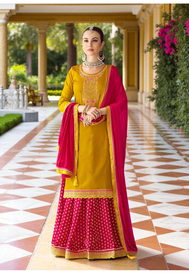 Yellow : Modal silk Kurti with banarasi skirt