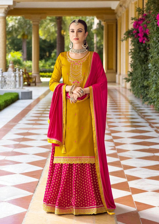 Yellow : Modal silk Kurti with banarasi skirt