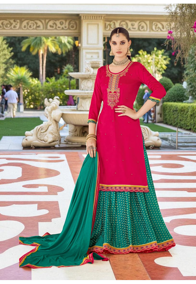 Dark pink : Modal silk Kurti with banarasi skirt