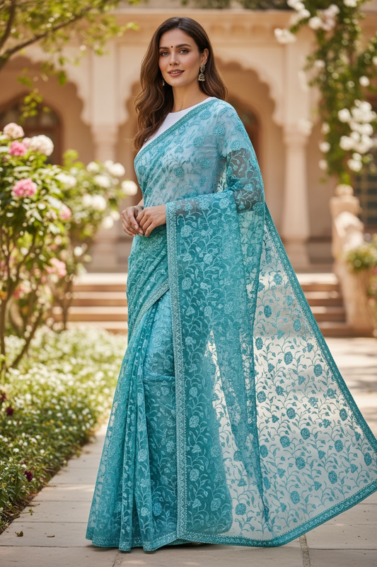 Chiffon silk saree with sequin Chikankari by Kurti Connection USA