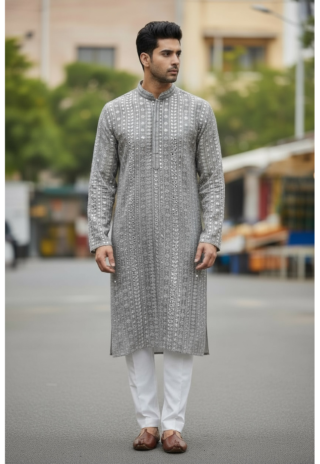 Sequin kurta set : light grey