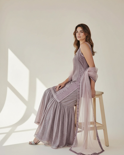 Chinon silk sharara suit