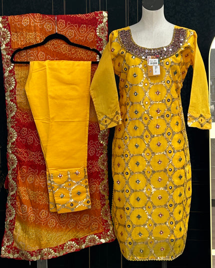 Chanderi silk kurti set with Bandhani dupatta - Kurti Connection USA