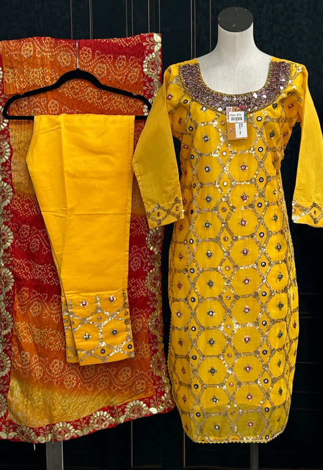 Chanderi silk kurti set with Bandhani dupatta - Kurti Connection USA