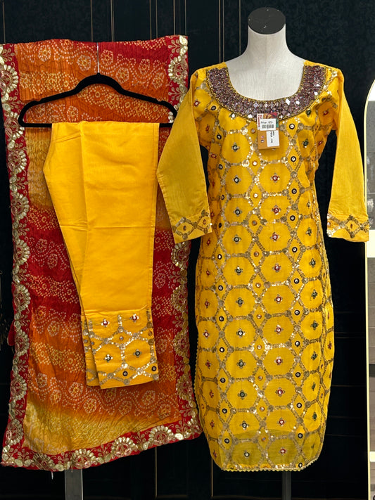 Chanderi silk kurti set with Bandhani dupatta