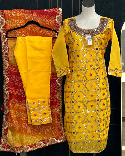 Chanderi silk kurti set with Bandhani dupatta - Kurti Connection USA