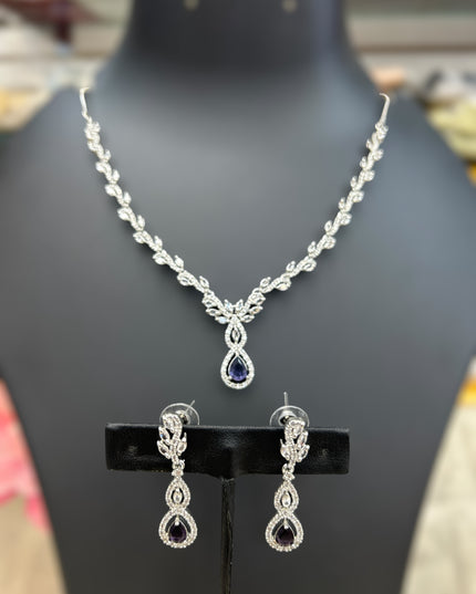 AD Silver Necklace with blue stone - Kurti Connection USA