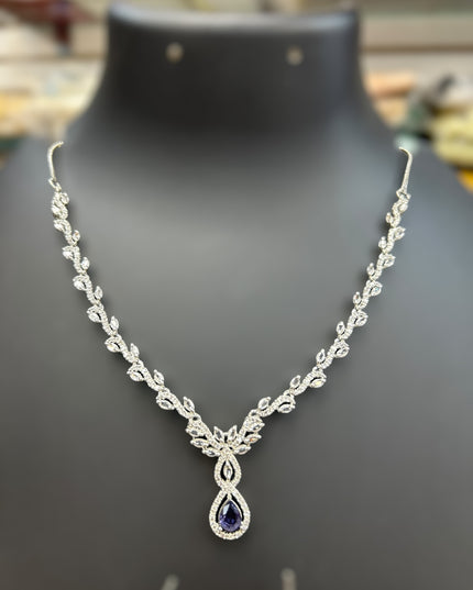 AD Silver Necklace with blue stone - Kurti Connection USA