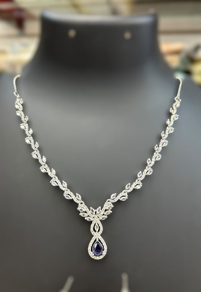 AD Silver Necklace with blue stone - Kurti Connection USA