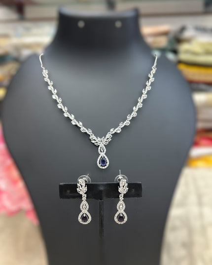 AD Silver Necklace with blue stone - Kurti Connection USA