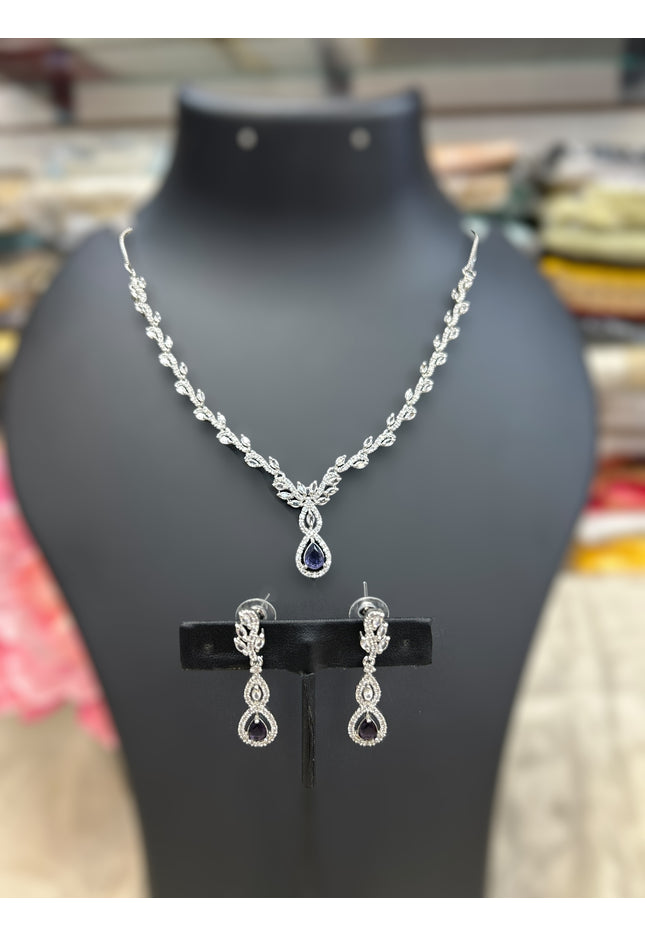 AD Silver Necklace with blue stone - Kurti Connection USA