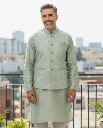 Light grey silk kurta set with jacket - Kurti Connection USA