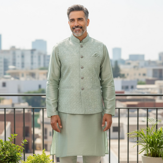Light grey silk kurta set with jacket