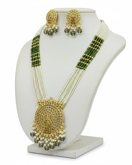 Mehandi color Pearl necklace with peacock pendant - Kurti Connection USA