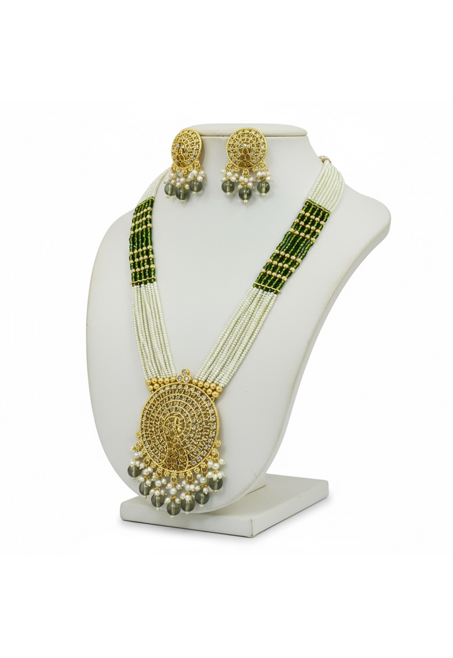 Mehandi color Pearl necklace with peacock pendant - Kurti Connection USA