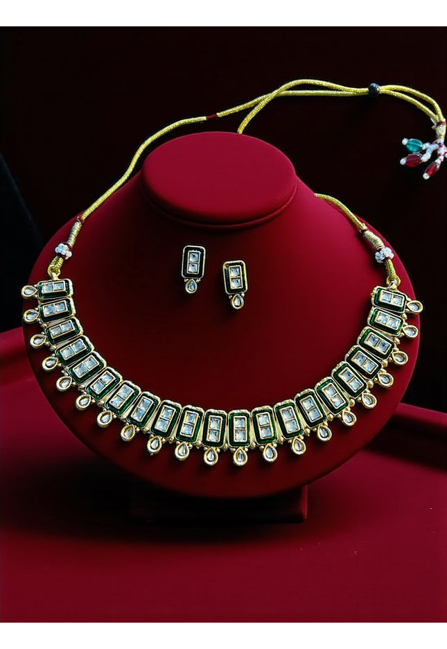 Green Kundan necklace set - Kurti Connection USA