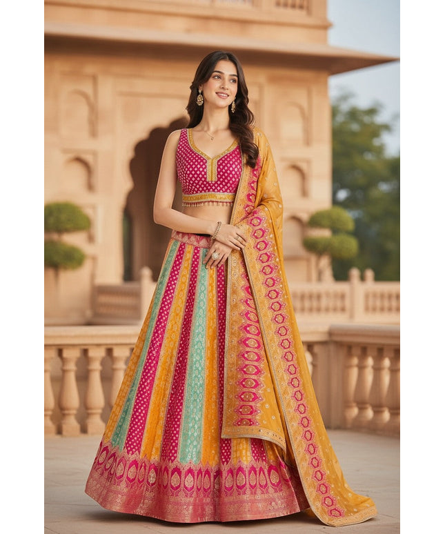 House Of Indian Wedding Attire Banarasi lehenga choli set in pink, yellow, and teal with intricate woven patterns. Model wears a sleeveless blouse and flowing skirt.