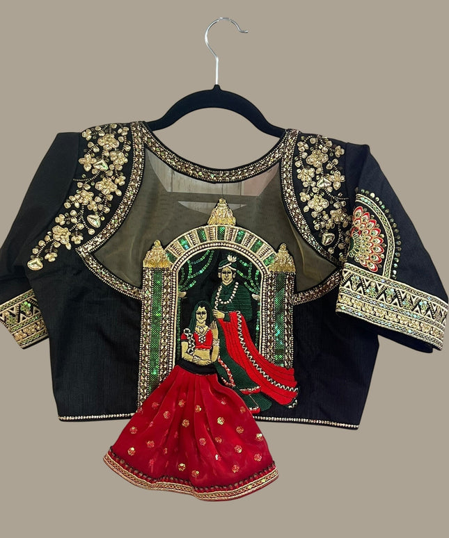 House Of Indian Wedding Attire black blouse with intricate embroidery, sheer neckline, and sequin details. Elbow-length sleeves.