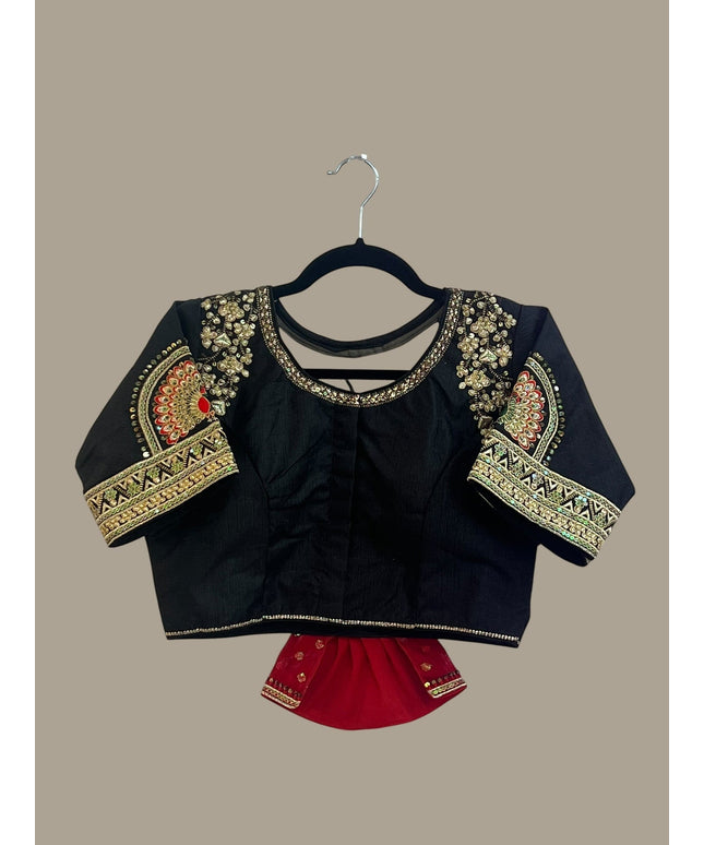 House Of Indian Wedding Attire black blouse with intricate gold, red, and green embroidery on neckline and sleeves.