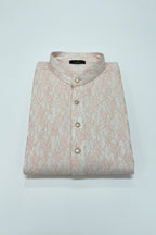 House Of Indian Wedding Attire light pink polyester kurta for men with intricate lace pattern and gold buttons.
