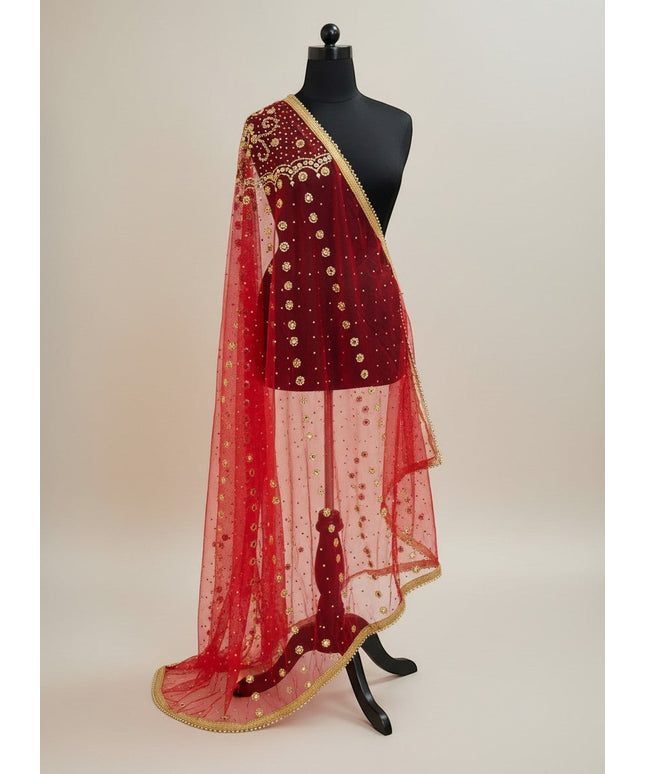 House Of Indian Wedding Attire red net bridal dupatta with gold sequins and mirror work embellishments and lace trim.
